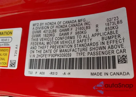 2023 Honda Civic Touring из США, поврежденный, VIN 2HGFE1F90PH309059